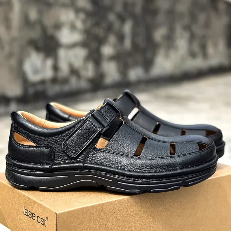 Foreign Trade Men's Leather Sandals Handmade Cowhide Hollow Casual Sandals Leather Breathable Lightweight Non-slip 